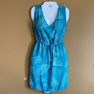 Sleeveless Teal Tropical-Print Mini Dress beachy resort nautical